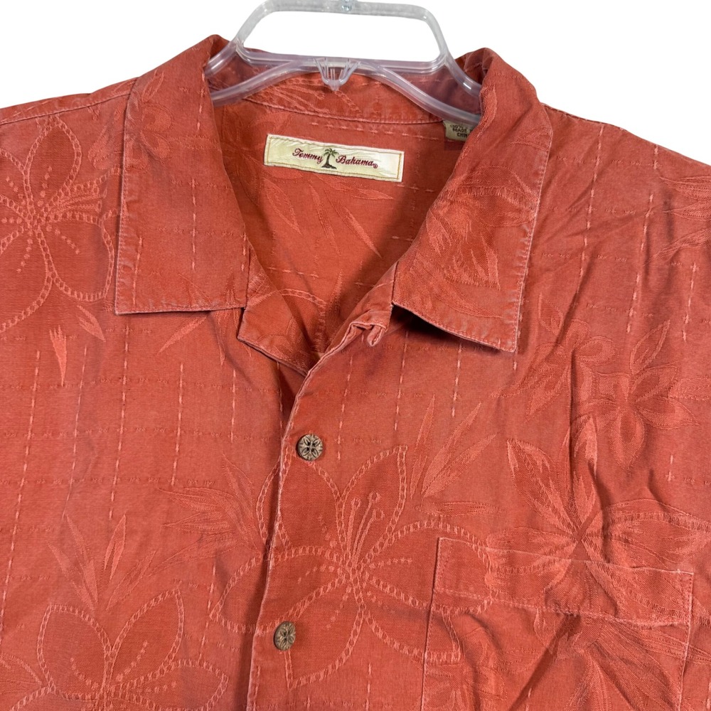 Tommy Bahama Button Up Shirt Mens XL Orange Silk Floral Jacquard Short Sleeve